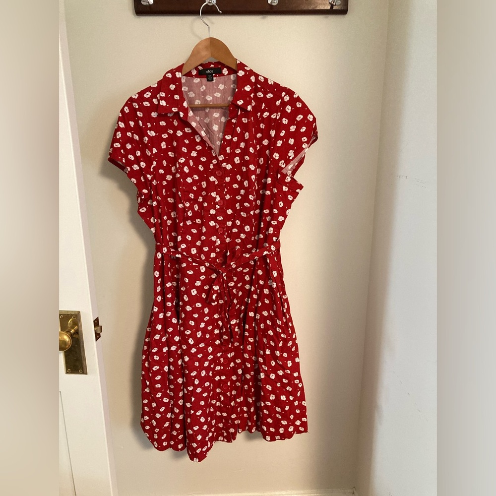 Ellos Fit & Flare 1X Button-down Shirt Dress Cap Sleeve Red and White - POCKETS!